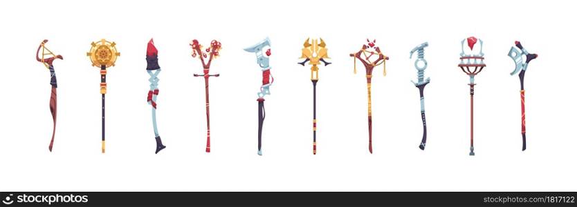 Magic staves. Wizard sticks and magician wands. Antique scepter weapon with decorative crystals. Magical wooden and metal staff. Isolated sorcerer and shaman tools. Vector warlock costume elements set. Magic staves. Wizard sticks and wands. Antique scepter weapon with decorative crystals. Magical wooden and metal staff. Sorcerer and shaman tools. Vector warlock costume elements set