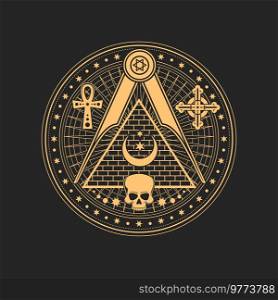 Magic talisman occult and esoteric symbol as skull, celtic cross and Egypt ankh, pyramid and pentagram. Vector alchemy magic sign, esoteric spiritual amulet. Skull and moon on esoteric occult pentagram sign