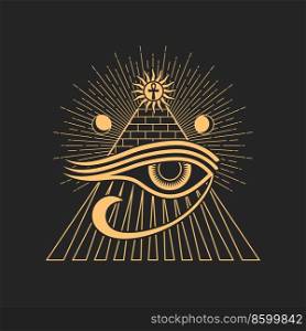 Magic talisman with Horus eye occult symbol. Egyptian cross, pyramid and moon, God Ra eye spiritual amulet, alchemy magic esoteric sign. Mystic occult talisman Horus eye, esoteric sign