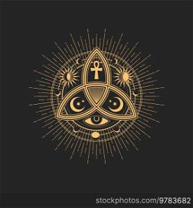 Magic tarot mason sign with cross and moon, eye and sun, Egypt cross. Occult sign, occultism, alchemy and astrology symbol, sacred religion mystic emblem. Magic tarot mason sign with cross and moon eye sun