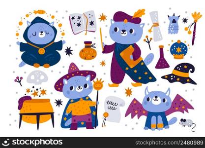 Magic tools. Funny cat magicians with different witchcraft and alchemical accessories. Cute kitten wizards in costumes. Sorcerers in cloaks and hats. Fairytale warlocks. Vector magical animals set. Magic tools. Funny cat magicians with witchcraft and alchemical accessories. Kitten wizards in costumes. Sorcerers in cloaks and hats. Fairytale warlocks. Vector magical animals set