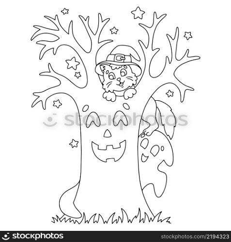 Magic tree and cat. Coloring book page for kids. Halloween theme. Cartoon style character. Vector illustration isolated on white background.
