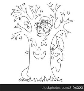 Magic tree and cat. Coloring book page for kids. Halloween theme. Cartoon style character. Vector illustration isolated on white background.