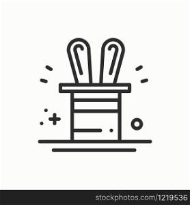 Magic trick icon. Rabbit in magician black hat cylinder. Circus magic party birthday event carnival festive holidays. Thin line party element icon. Vector simple linear design. Illustration. Symbols