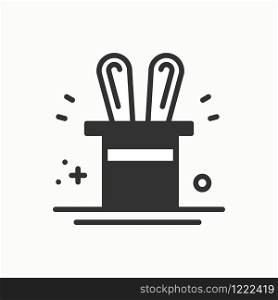 Magic trick icon. Rabbit in magician black hat cylinder. Circus magic party birthday event carnival festive holidays. Thin line party element icon. Vector simple linear design. Illustration. Symbols. Magic trick icon. Rabbit in magician black hat cylinder. Circus magic party birthday event carnival festive holidays. Thin line party element icon. Vector simple linear design. Illustration. Symbols.