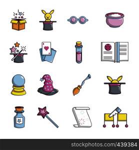 Magic trick icons set. Cartoon illustration of 16 magic trick, vector icons for web. Magic trick icons set, cartoon style