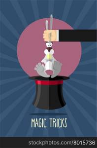 Magic trick. Magician holding rabbit by ears. Rabbit in hat magician. Poster for circus performances. Vector illustration&#xA;