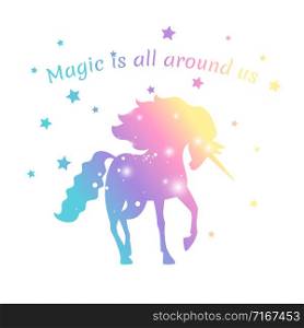 Magic unicorn color with stars isolated on white. Vector colored unicorn with horn and mane illustration. Magic unicorn color with stars isolated on white