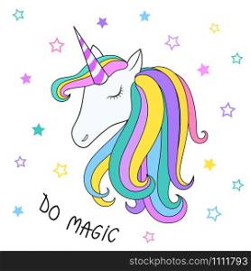 Magic unicorn hahd drawn on white, stock vector illustration