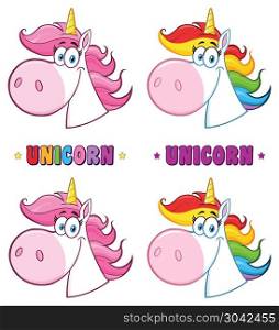 Magic Unicorn Head Cartoon Mascot Character Set. Vector Collection Isolated On White Background