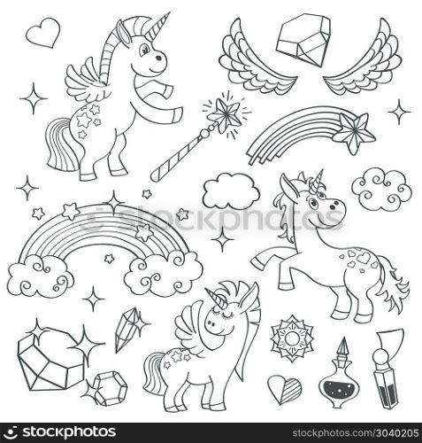 Magic unicorn rainbow, fairy wings, stars and crystals in outline hand drawn style vector set. Magic unicorn rainbow, fairy wings, magic wand, stars and crystals in outline hand drawn style vector illustration set