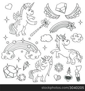 Magic unicorn rainbow, fairy wings, stars and crystals in outline hand drawn style vector set. Magic unicorn rainbow, fairy wings, magic wand, stars and crystals in outline hand drawn style vector illustration set