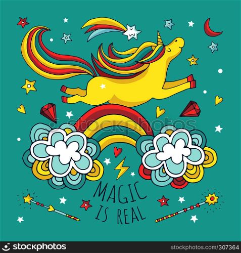 Magic vector background, poster with unicorn and rainbow. Banner with unicorn cartoon, illustration of funny unicorn animal. Magic vector background, poster with unicorn and rainbow