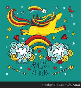 Magic vector background, poster with unicorn and rainbow. Banner with unicorn cartoon, illustration of funny unicorn animal. Magic vector background, poster with unicorn and rainbow