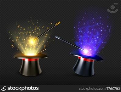 Magic wand and magician hat with spell light and sparkles. Illusionist black cylinder with mystery glow and stick for miracles. Vector realistic set of 3d high cap with red ribbon and wizard wand. Magic wand and magician hat with spell light