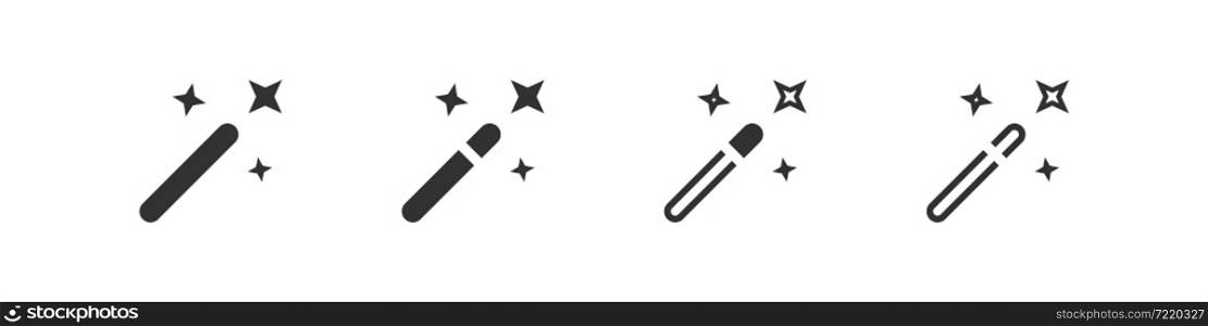Magic wand icon set. Wizard stick symbol. Magician star logo, outline design in vector flat style.