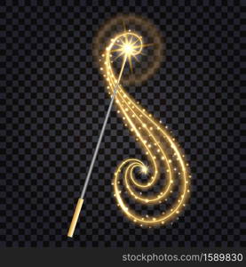 Magic wand isolated with glowing sparkles, golden star dust glitter and light effect on transparent background. Vector illustration