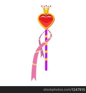 Magic wand. Magic accessory in the shape of a heart. Magic wand. Magic accessory in the shape of a heart, decorated with diamonds, a crown, precious stones. Vector, illustration, cartoon style, isolated