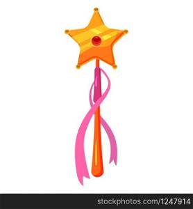 Magic wand. Magic accessory in the shape of a star, decorated with diamonds, precious stones. Magic wand. Magic accessory in the shape of a star, decorated with diamonds, precious stones. Vector, illustration, cartoon style, isolated