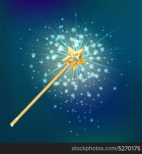 Magic Wand Realistic Background. Golden magic wand decorated with star on night sky and bright flares background realistic vector illustration