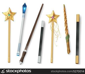 Magic Wand Realistic Set. Collection of magic wands of various shapes with stars and jewel realistic vector illustration