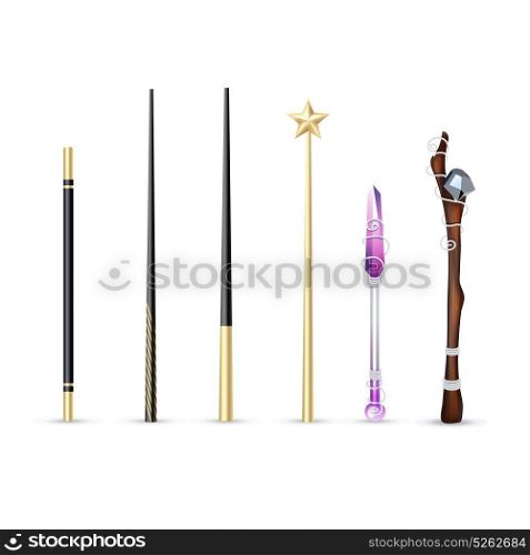 Magic Wand Realistic Set. Colorful magic wands of different size and design realistic set isolated on white background vector illustration