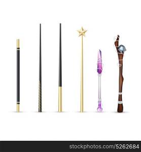 Magic Wand Realistic Set. Colorful magic wands of different size and design realistic set isolated on white background vector illustration