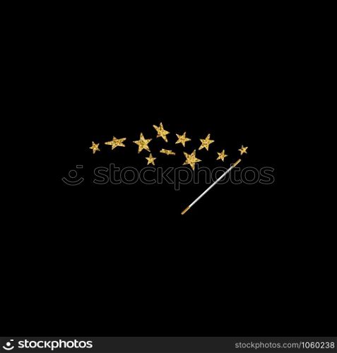 Magic wand with 3d stars on black background. Trace of gold dust. Magic abstract background isolated. Miracle and magic. Vector illustration. Magic wand with 3d stars on black background. Trace of gold dust. Magic abstract background isolated. Miracle and magic. Vector illustration.