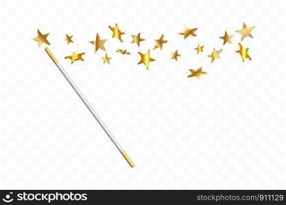 Magic wand with 3d stars on transparent background. Trace of gold dust. Magic abstract background isolated. Miracle and magic. Vector illustration. Magic wand with 3d stars on transparent background. Trace of gold dust. Magic abstract background isolated. Miracle and magic. Vector illustration.