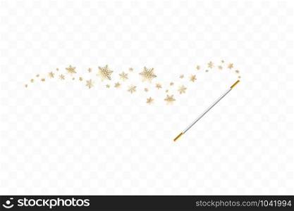 Magic wand with a snowflakes on transparent background. Trace of gold dust. Magic abstract background isolated. Miracle and magic. Vector illustration flat design.. Magic wand with a snowflakes on transparent background. Trace of gold dust. Magic abstract background isolated. Miracle and magic. Vector illustration flat design