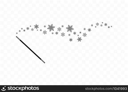 Magic wand with a snowflakes. Trace of black dust. Magic abstract background isolated on transparent background. Miracle and magic. Vector illustration flat design. Magic wand with a snowflakes. Trace of black dust. Magic abstract background isolated on on transparent background. Miracle and magic. Vector illustration flat design.