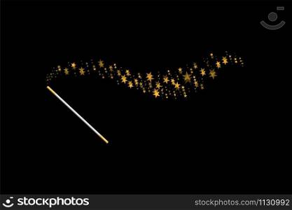 Magic wand with a stars on black background. Trace of gold dust. Magic abstract background isolated. Miracle and magic. Vector illustration flat design.. Magic wand with a stars on black background. Trace of gold dust. Magic abstract background isolated. Miracle and magic. Vector illustration flat design