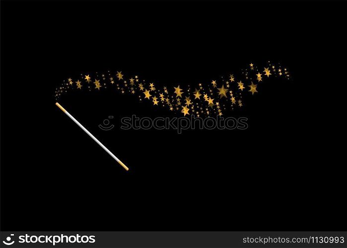 Magic wand with a stars on black background. Trace of gold dust. Magic abstract background isolated. Miracle and magic. Vector illustration flat design.. Magic wand with a stars on black background. Trace of gold dust. Magic abstract background isolated. Miracle and magic. Vector illustration flat design