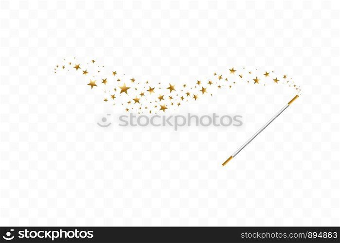 Magic wand with a stars on transparent background. Trace of gold dust. Magic abstract background isolated. Miracle and magic. Vector illustration flat design.. Magic wand with a stars on transparent background. Trace of gold dust. Magic abstract background isolated. Miracle and magic. Vector illustration flat design