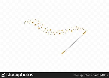 Magic wand with a stars on transparent background. Trace of gold dust. Magic abstract background isolated. Miracle and magic. Vector illustration flat design.. Magic wand with a stars on transparent background. Trace of gold dust. Magic abstract background isolated. Miracle and magic. Vector illustration flat design