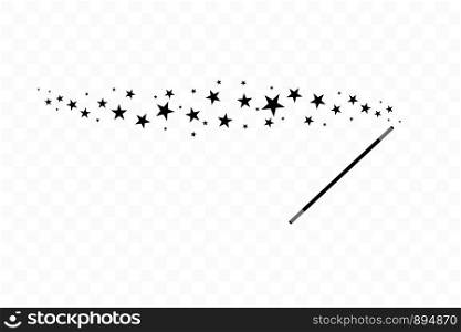 Magic wand with a stars. Trace of black dust. Magic abstract background isolated on transparent background. Miracle and magic. Vector illustration flat design. Magic wand with a stars. Trace of black dust. Magic abstract background isolated on on transparent background. Miracle and magic. Vector illustration flat design.