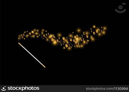 Magic wand with a stars with sparkle on black background. Trace of gold dust. Magic abstract background isolated. Miracle and magic. Vector illustration flat design.. Magic wand with a stars with sparkle on black background. Trace of gold dust. Magic abstract background isolated. Miracle and magic. Vector illustration flat design