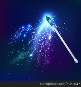 Magic Wand With Electric Discharge Effect. Magic wand in night sky realistic background with electric discharge and glowing effect vector illustration