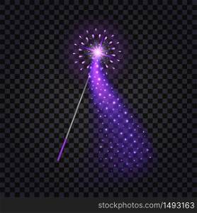 Magic wand with glowing effect, star and glitter sparkles. Isolated element for game or cartoon on transparent background. Vector illustration