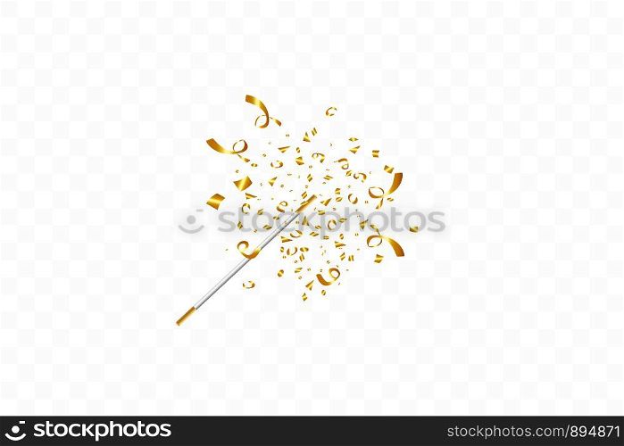 Magic wand with golden confetti isolated. Festive background. Vector illustration. Magic wand with confetti isolated on transparent background. Golden ribbons. Festive vector illustration