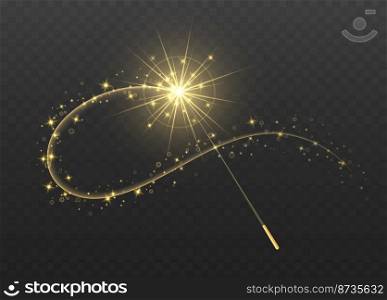 Magic wand with golden swirl and sparkles isolated on transparent background. The magic scepter with stardust trail.. Magic wand with golden swirl and sparkles isolated on transparent background.