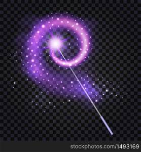 Magic Wand with mysterious purple light glowing trail, star dust and sparkle glitter. Isolated object for fantasy magician in game,cartoon or fairytale. Vector illustration