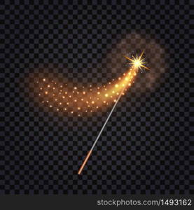 Magic wand with shiny fire trail , glowing star and sparkles. Transparency light effect, isolated object. Vector illustration