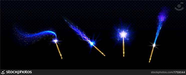 Magic wands with blue star and glowing sparkle trails, gold colored rods with shiny fairy dust and neon light effect trace, isolated objects on black background, Realistic 3d vector illustration, set. Magic wands with blue star and glow sparkle trails