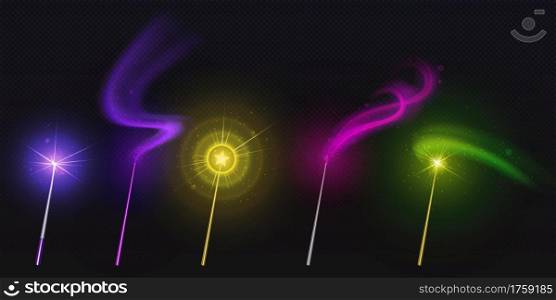 Magic wands with color star and glowing sparkle trails, gold colored rods with shiny fairy dust and neon light effect trace, isolated objects on black background, Realistic 3d vector illustration, set. Magic wands with star and glow sparkle trails
