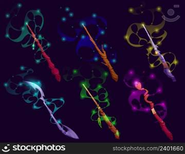 Magic wands, wizard or witch sticks with glowing colorful haze and sparkle trails, magician rods, cartoon elements for Rpg fantasy game, witch assets, fairytale staff or weapon vector illustration set. Magic wands, wizard, mage, fairy staff or weapon
