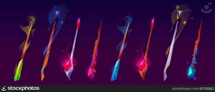 Magic wands, wizard or witch sticks with glowing colorful haze trail and sparkles, magician rods, cartoon elements for Rpg fantasy game, witch assets, fairytale staff or weapon vector illustration set. Magic wands, wizard, mage, fairy staff or weapon