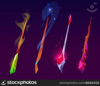 Magic wands, wooden and metal sticks with crystals for magical tricks and spell. Vector cartoon set of wizard rods with shiny gems for create miracles and enchantment isolated on background. Magic wands, magician sticks with crystals