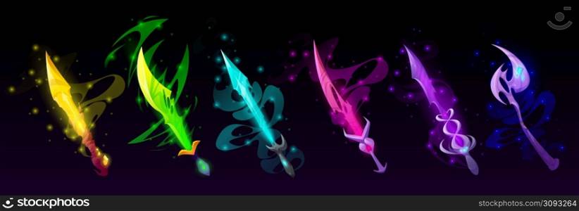 Magic weapon, swords, axes and knives for game interface. Vector cartoon set of fantasy metal longswords, blades and hatchet with mystic light isolated on black background. Magic weapon, swords, axes and knives for game