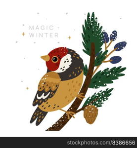 Magic winter card with goldfinch sitting on tree branch isolated on white background. Magic winter card with goldfinch sitting on tree branch